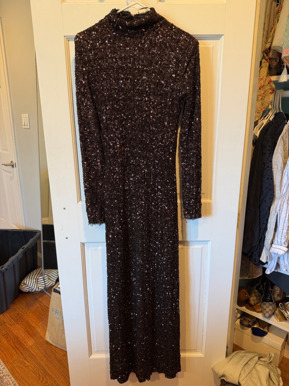 ZARA Brown Sequin Long Sleeve Turtleneck Evening Dress